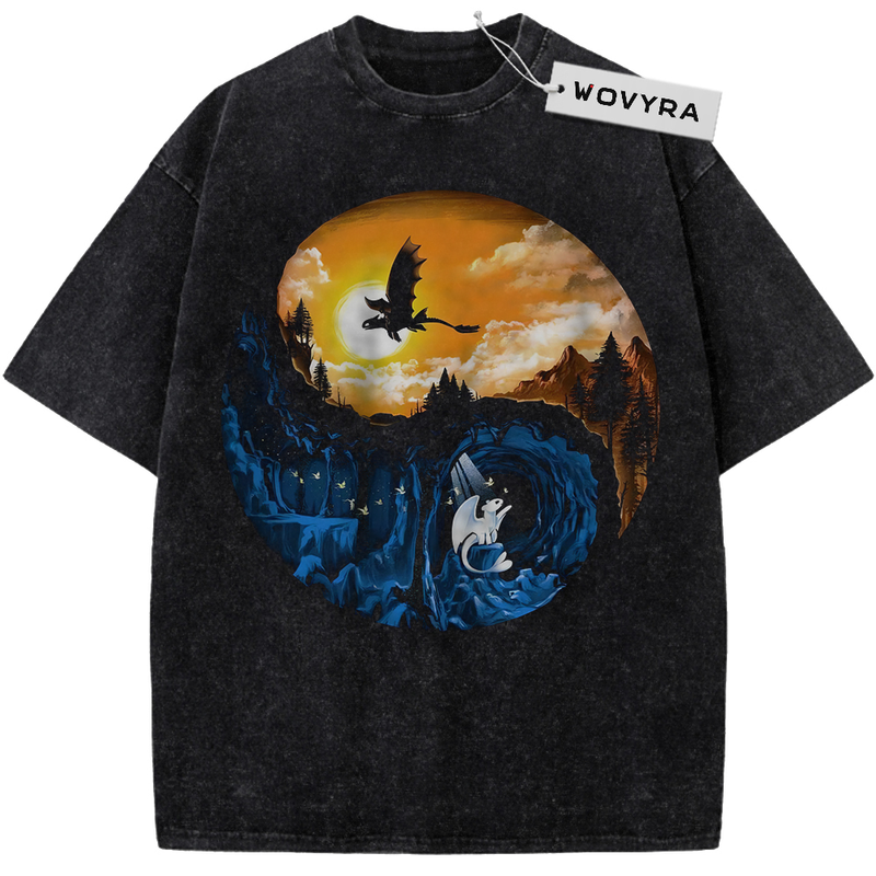 Vintage T-shirt featuring Toothless and Light Fury silhouettes in a warm sunset and cool blue circular scene