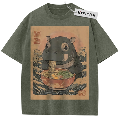 Olive green Ramen Hippo T-shirt with a hippo eating noodles in a warm-toned frame
