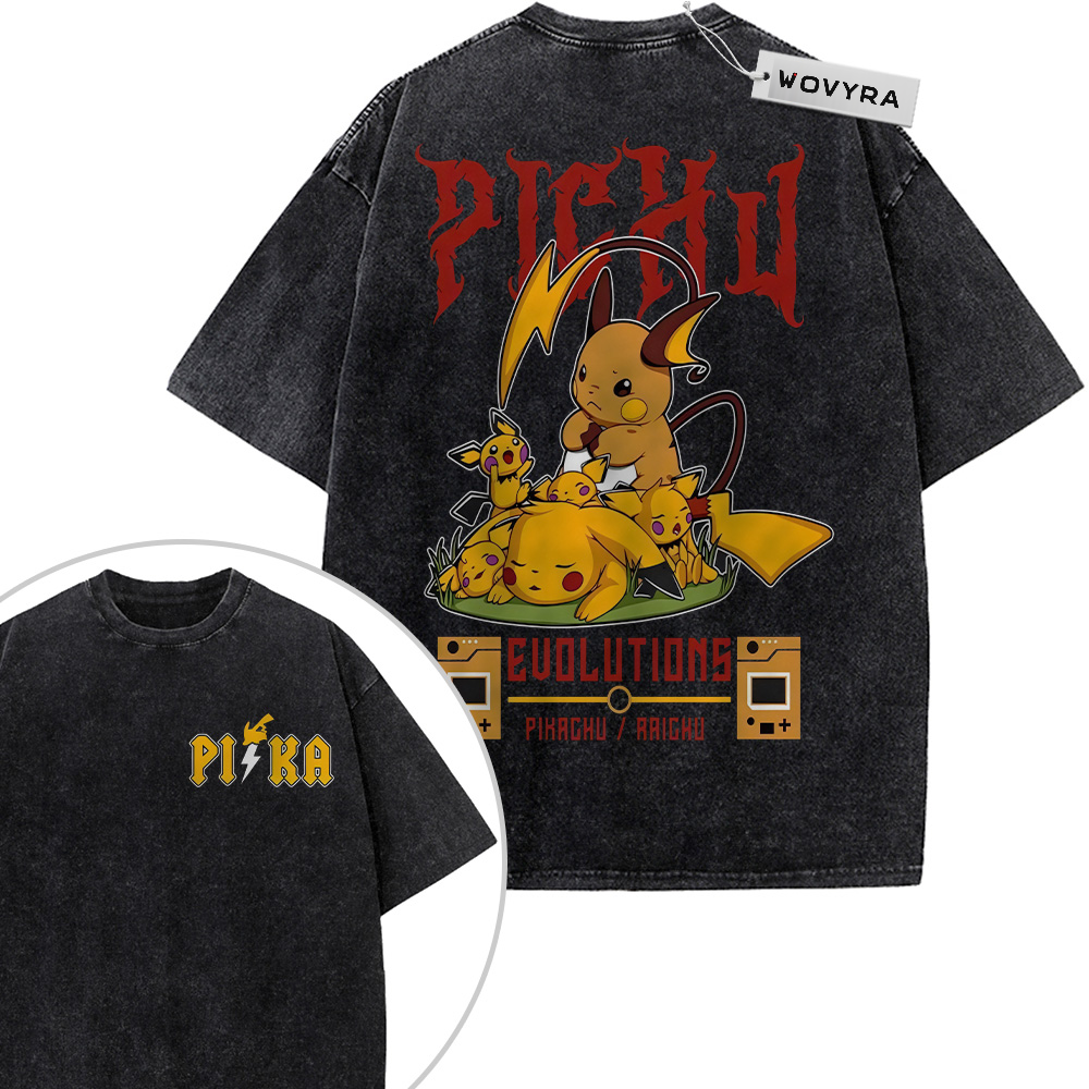Pichu, Pikachu & Raichu Pokemon Evolution 2-Sided Vintage T-Shirt with yellow character artwork with red lettering and game-style panels