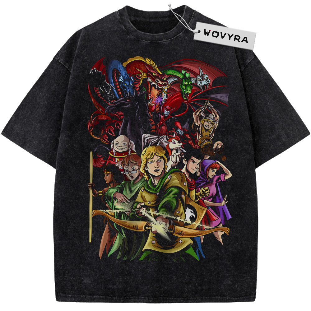 Dungeons & Dragons Adventure Collage Vintage T-Shirt with a colorful group of fantasy adventurers and creatures