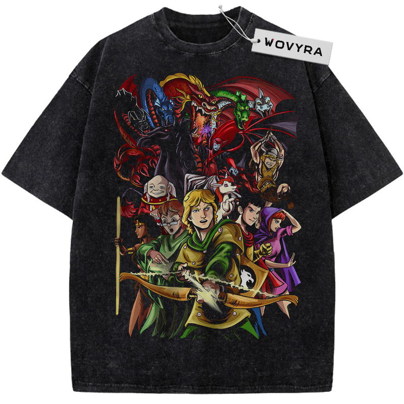 Dungeons & Dragons Adventure Collage Vintage T-Shirt with a colorful group of fantasy adventurers and creatures