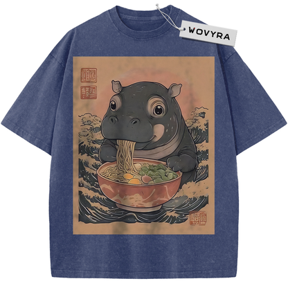 Blue Ramen Hippo T-shirt with a hippo eating noodles in a warm-toned frame