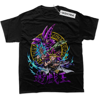 Black WOVYRA Dark Magician and Yugi classic T-shirt with a purple magician and colorful circular sigil