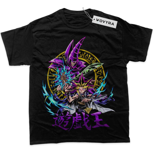 Black WOVYRA Dark Magician and Yugi classic T-shirt with a purple magician and colorful circular sigil