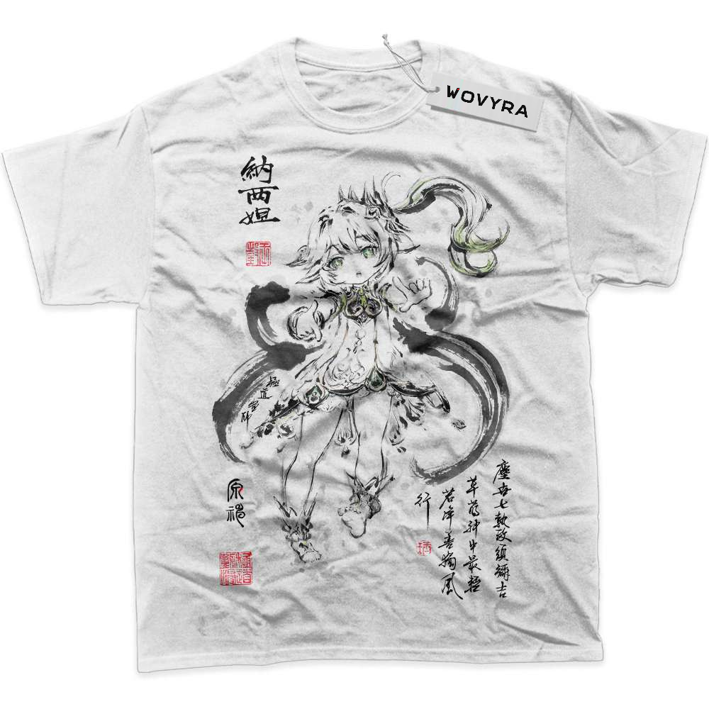 Genshin Impact Nahida Ink Art Classic T-Shirt with a fine-lined character illustration with red stamp accents