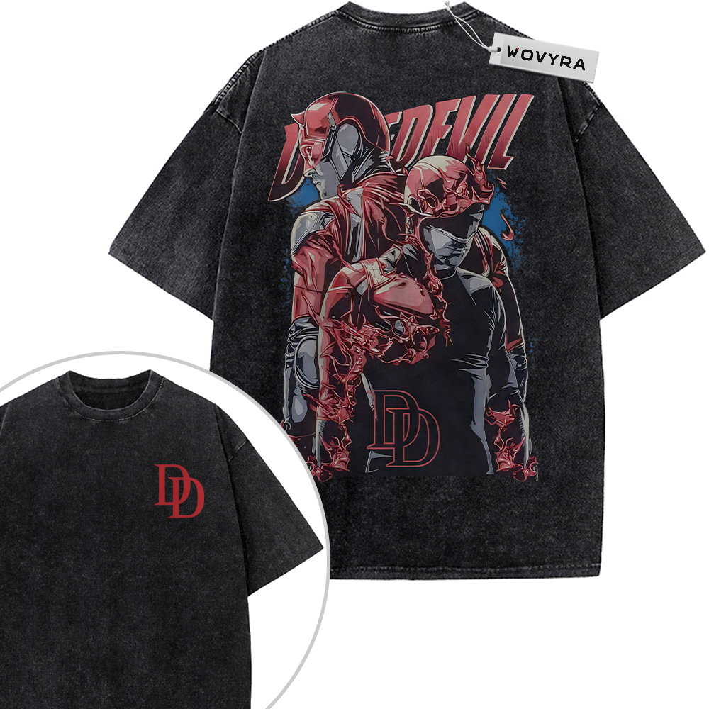 Marvel Daredevil Red Action 2-Sided Vintage T-Shirt with a red-suited figure in a fighting pose with bold red lettering