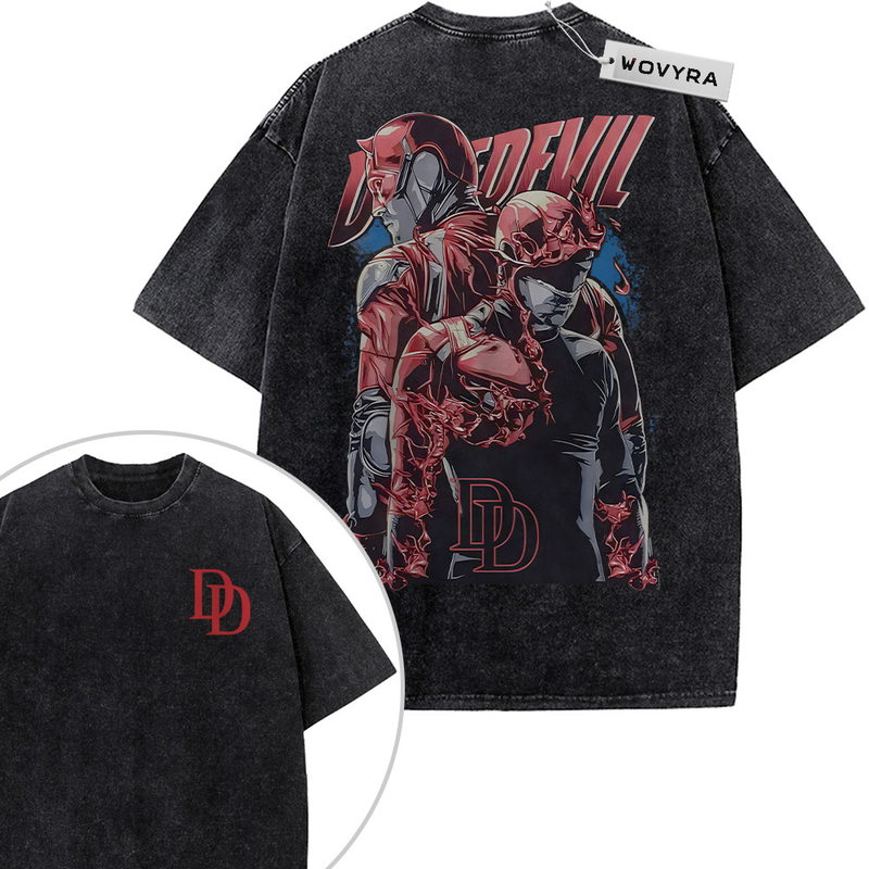 Marvel Daredevil Red Action 2-Sided Vintage T-Shirt with a red-suited figure in a fighting pose with bold red lettering
