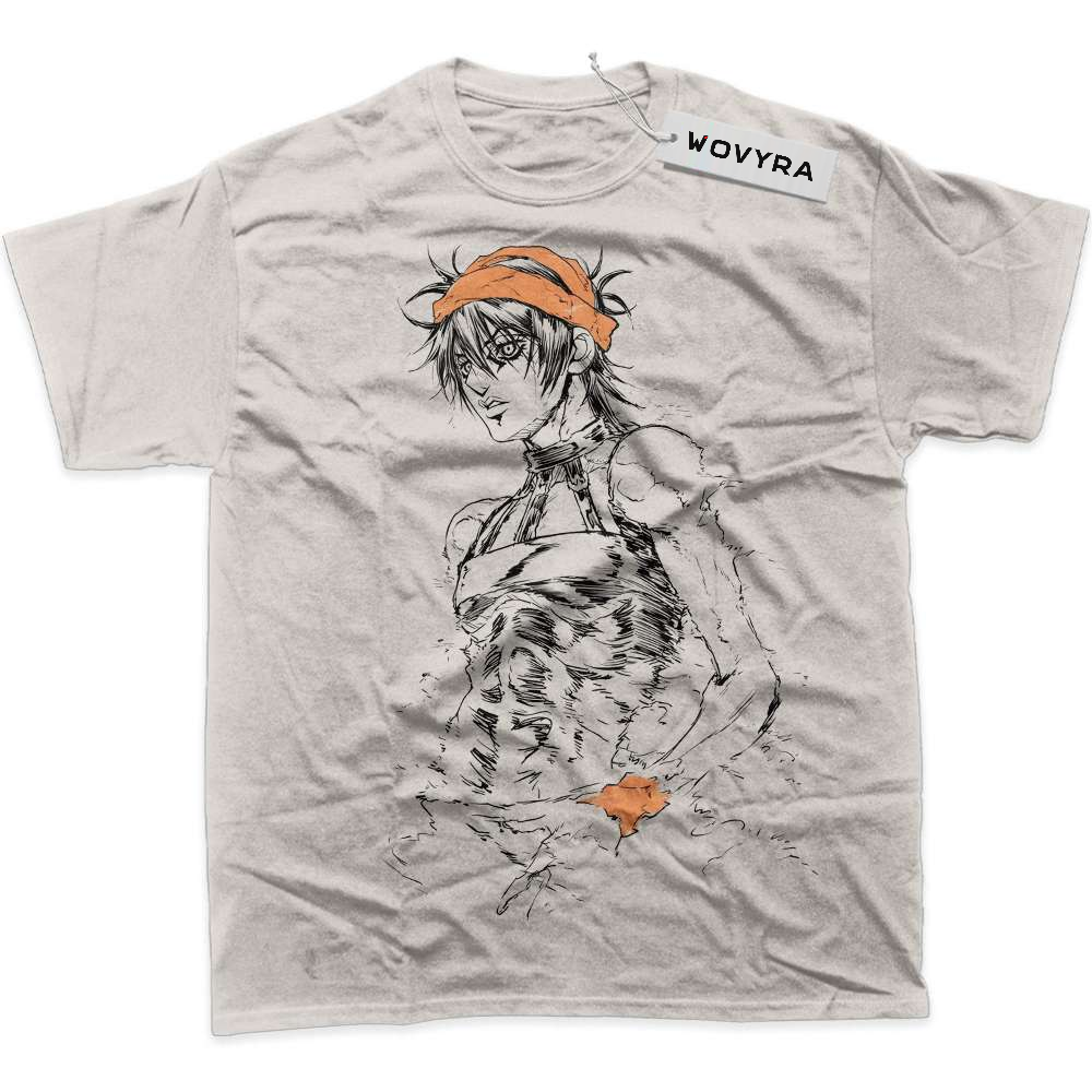 Light beige Narancia Ghirga T-shirt with line-drawn character artwork and orange headband