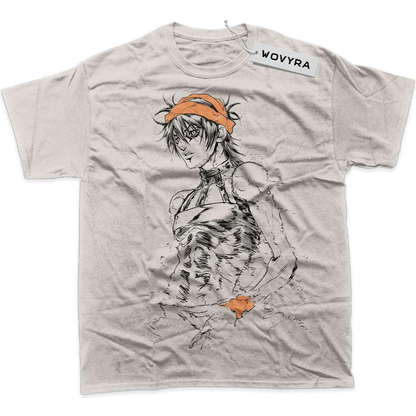 Light beige Narancia Ghirga T-shirt with line-drawn character artwork and orange headband