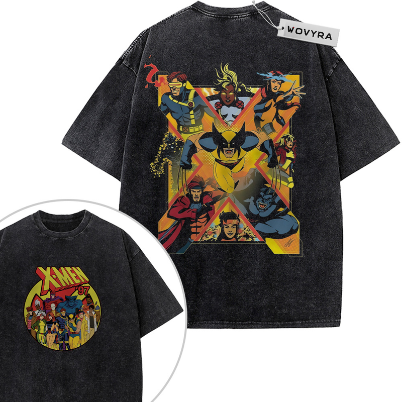 2-sided vintage T-shirt featuring a colorful X-Men team illustration arranged as a comic-style group