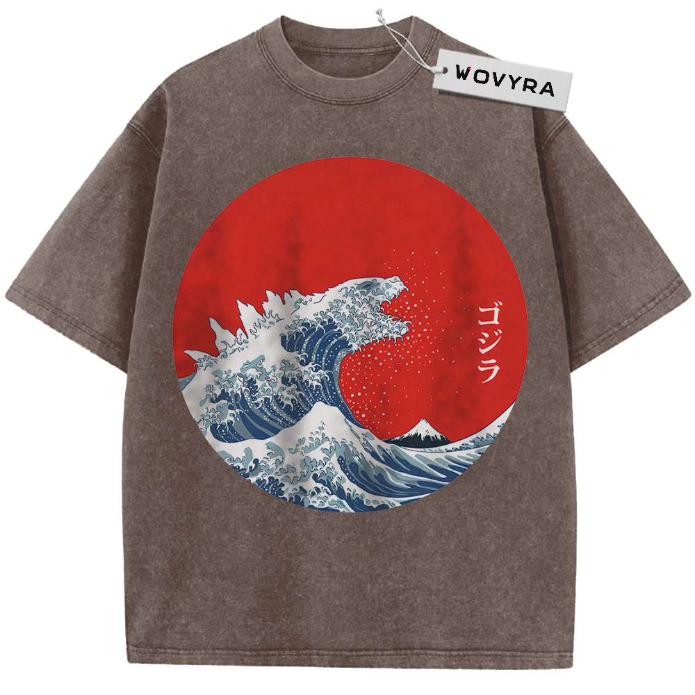 Brown kaiju T-shirt with a monster-shaped blue wave and red sun graphic