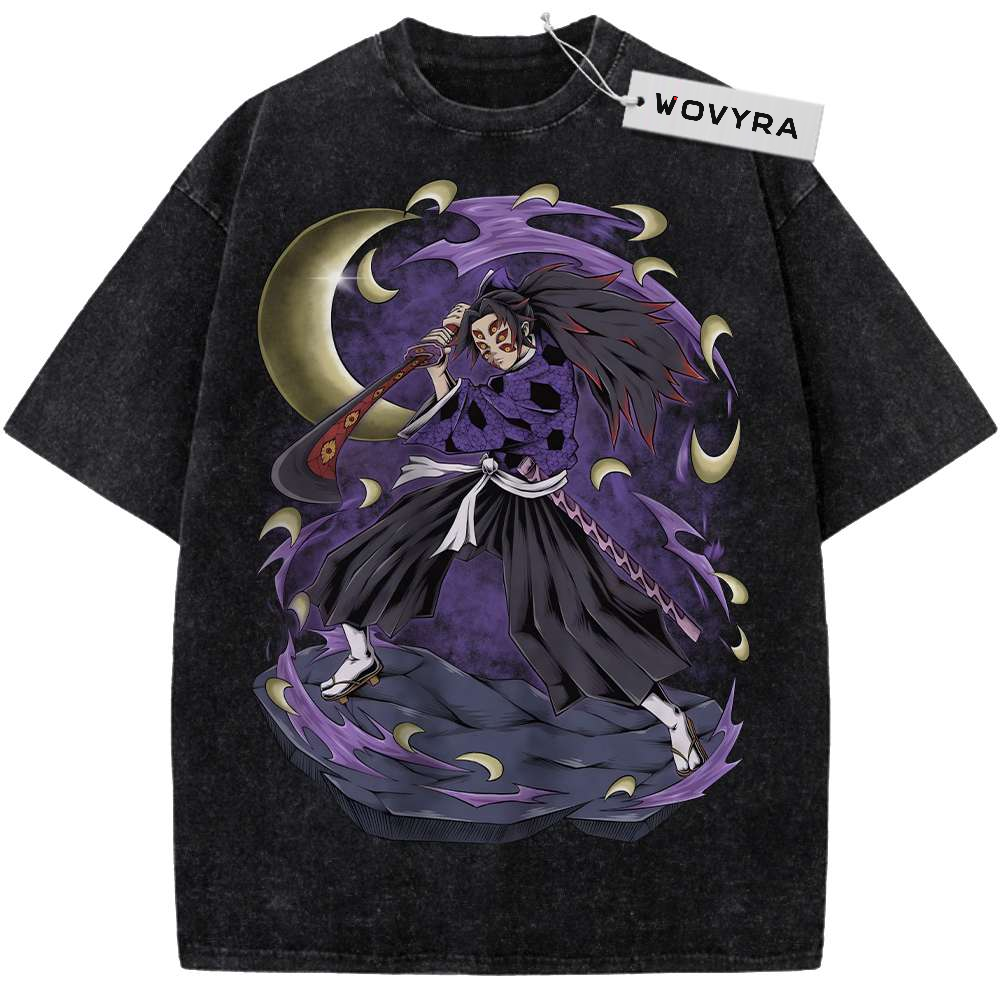 Demon Slayer Kokushibo Crescent Moon Vintage T-Shirt with a purple sword-wielding figure beneath a crescent moon