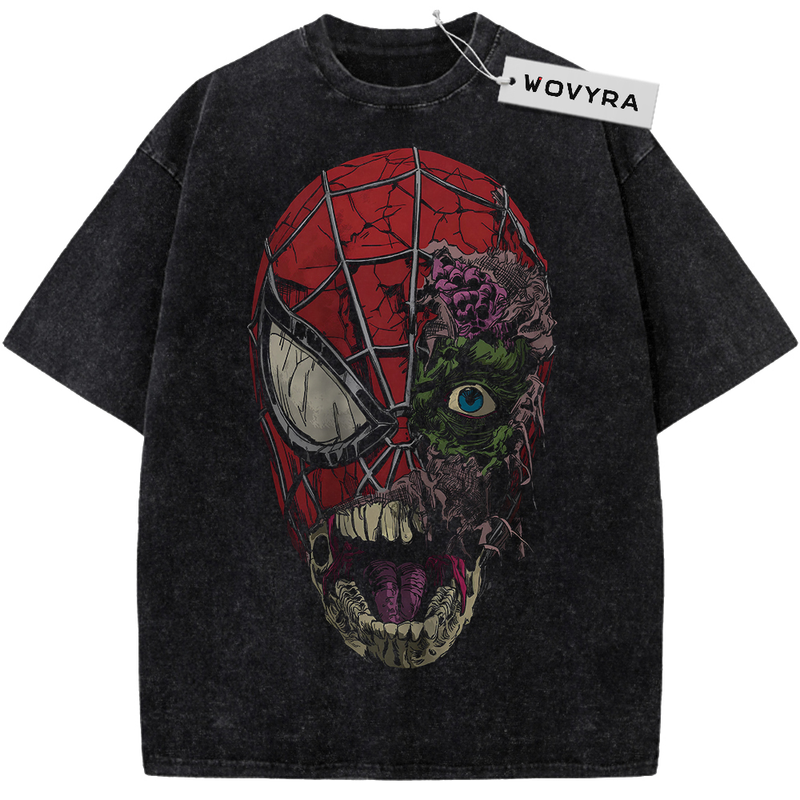 Marvel Spider-Man Zombie Mask Vintage T-Shirt with a red webbed mask merging with a green decaying face