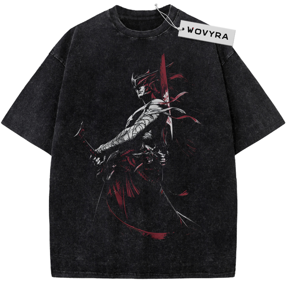 Vintage T-shirt featuring Yone in a dark action pose crossed by red blade-like streaks