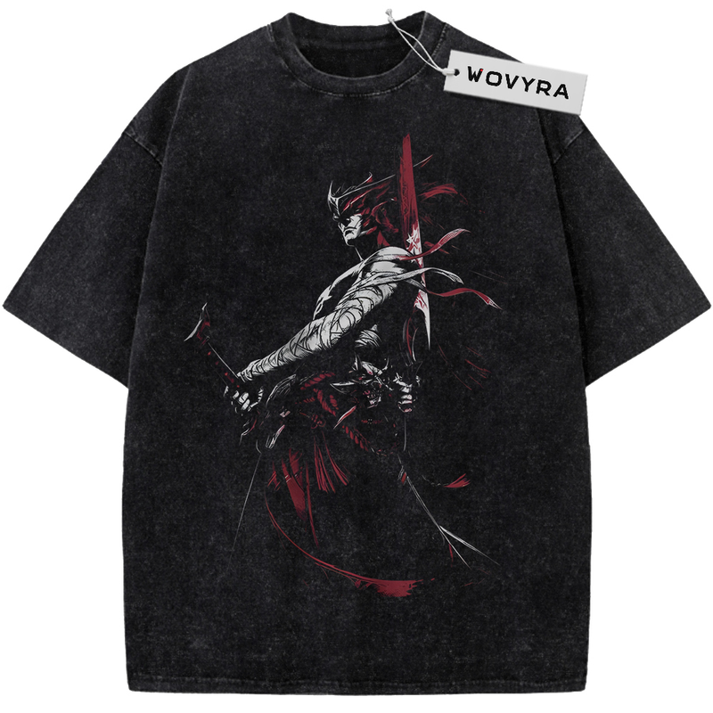 Vintage T-shirt featuring Yone in a dark action pose crossed by red blade-like streaks