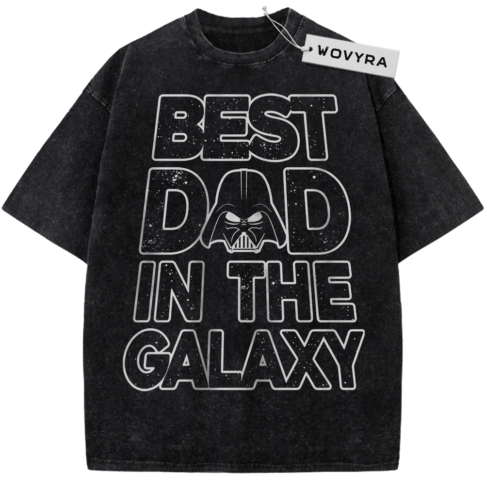 Vintage T-shirt featuring stacked white outline Best Dad in the Galaxy lettering with a Darth Vader helmet