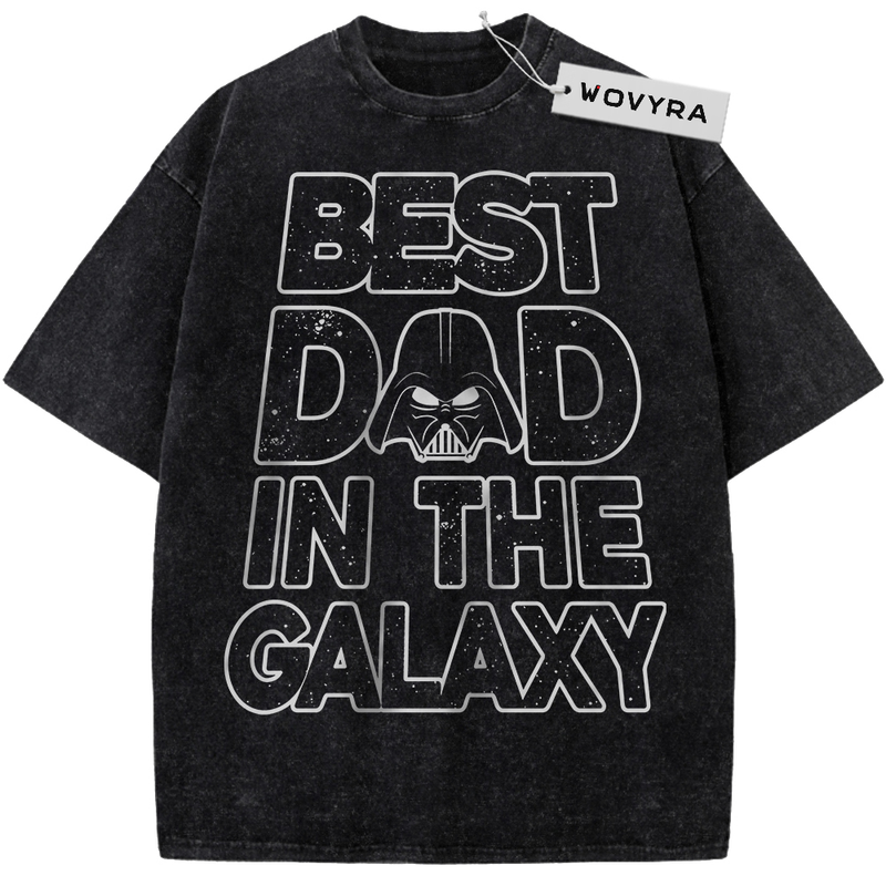 Vintage T-shirt featuring stacked white outline Best Dad in the Galaxy lettering with a Darth Vader helmet
