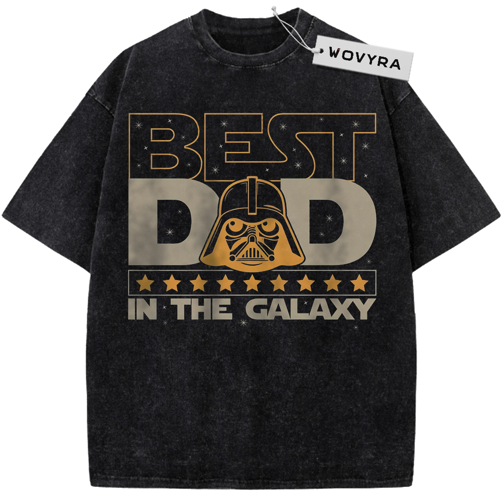 Vintage T-shirt featuring large cream and gold Best Dad in the Galaxy lettering with a Darth Vader helmet