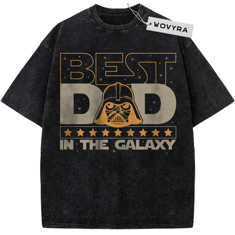 Vintage T-shirt featuring large cream and gold Best Dad in the Galaxy lettering with a Darth Vader helmet