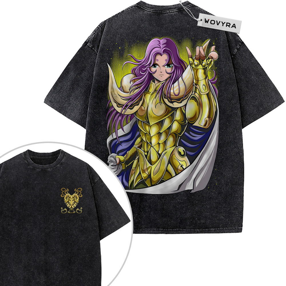 2-sided vintage T-shirt featuring Aries Mu in gold armor with purple hair and yellow highlights