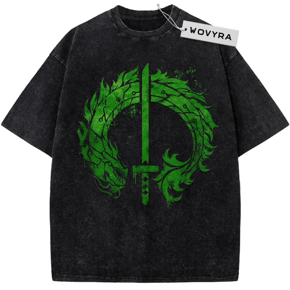 Vintage T-shirt featuring a green dragon forming a circle around a vertical sword