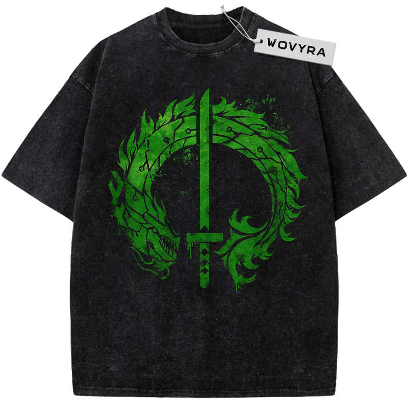 Vintage T-shirt featuring a green dragon forming a circle around a vertical sword