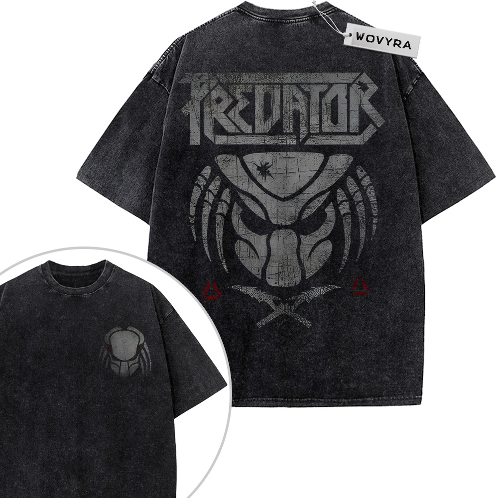 2-sided vintage T-shirt featuring a large monochrome Predator helmet emblem beneath distressed title lettering