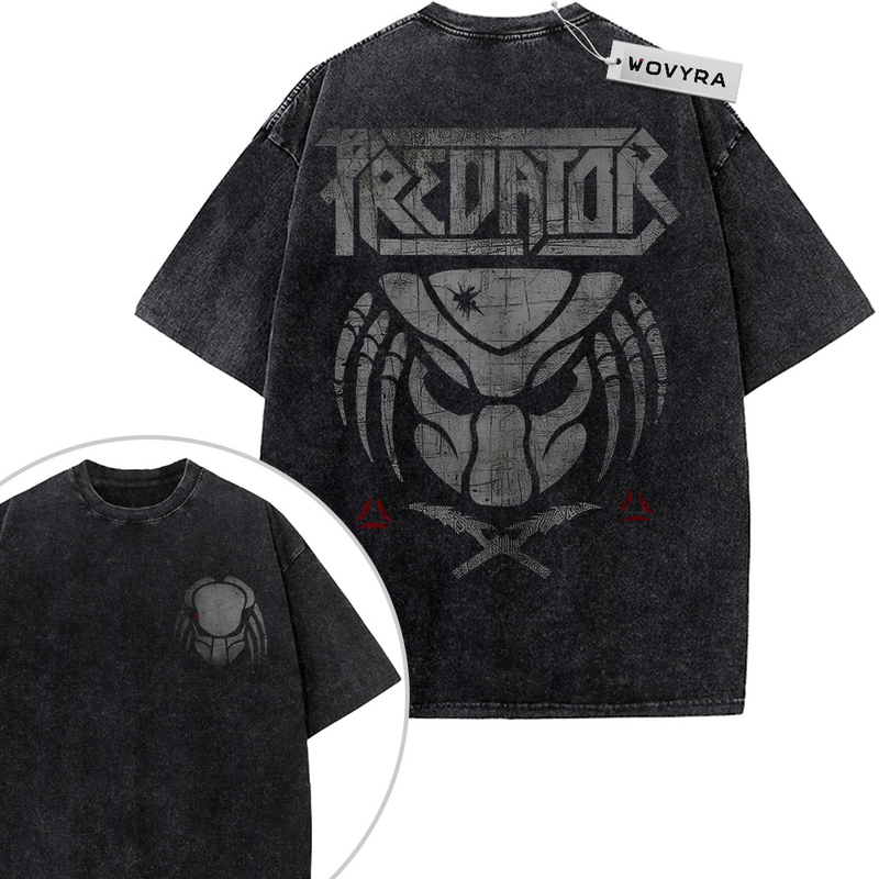 2-sided vintage T-shirt featuring a large monochrome Predator helmet emblem beneath distressed title lettering