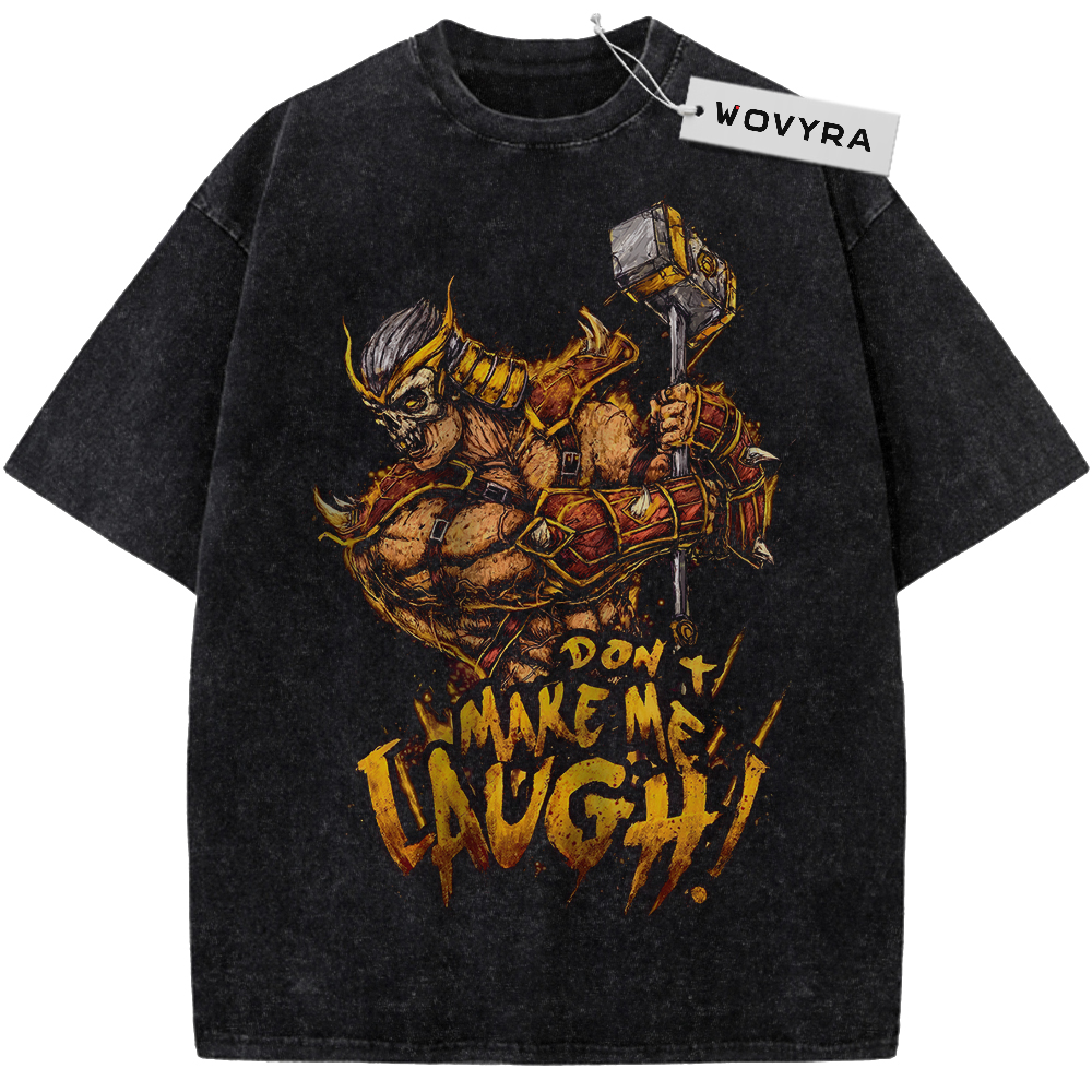 Vintage T-shirt featuring Shao Kahn raising a hammer above bold yellow lettering