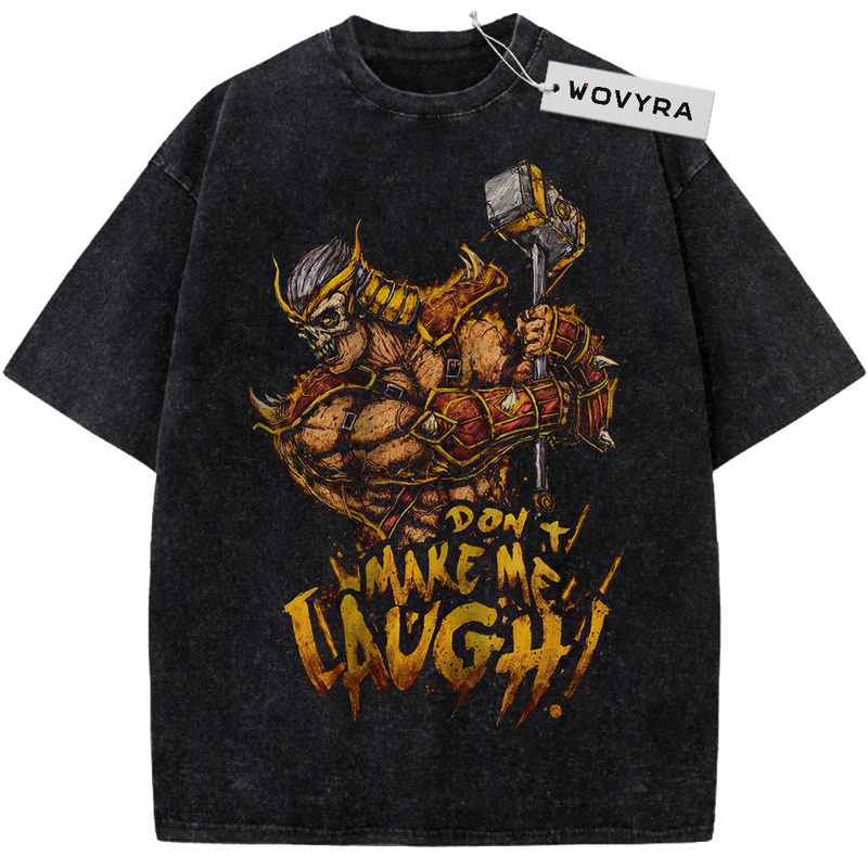 Vintage T-shirt featuring Shao Kahn raising a hammer above bold yellow lettering