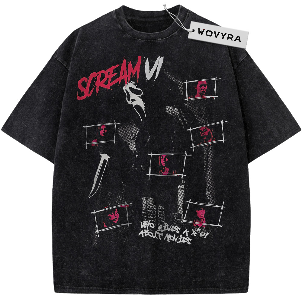 Ghostface Scream VI Panel Vintage T-Shirt with a black-and-white mask with pink title text and small portrait panels