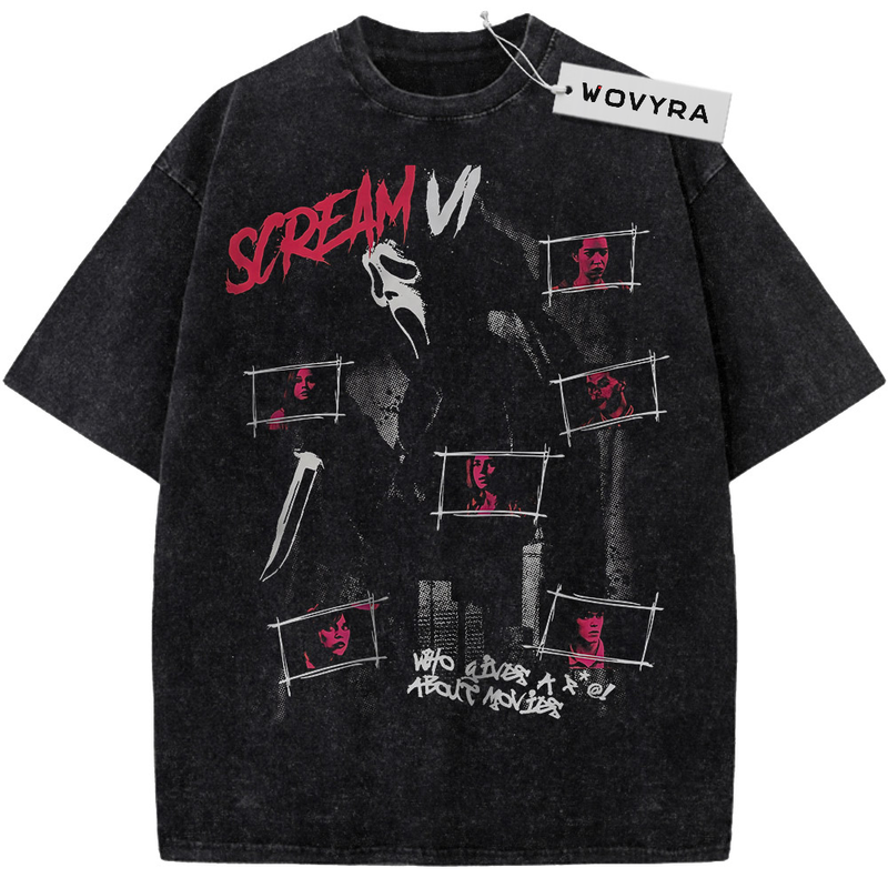 Ghostface Scream VI Panel Vintage T-Shirt with a black-and-white mask with pink title text and small portrait panels