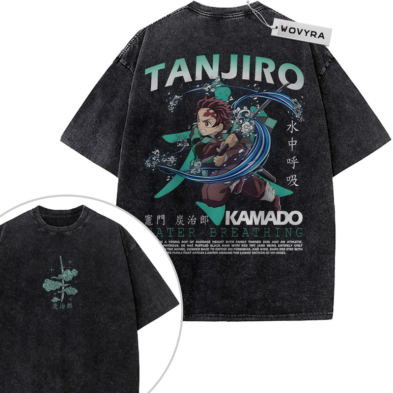 2-sided vintage T-shirt featuring Tanjiro Kamado with a curved blue water effect and mint-colored lettering