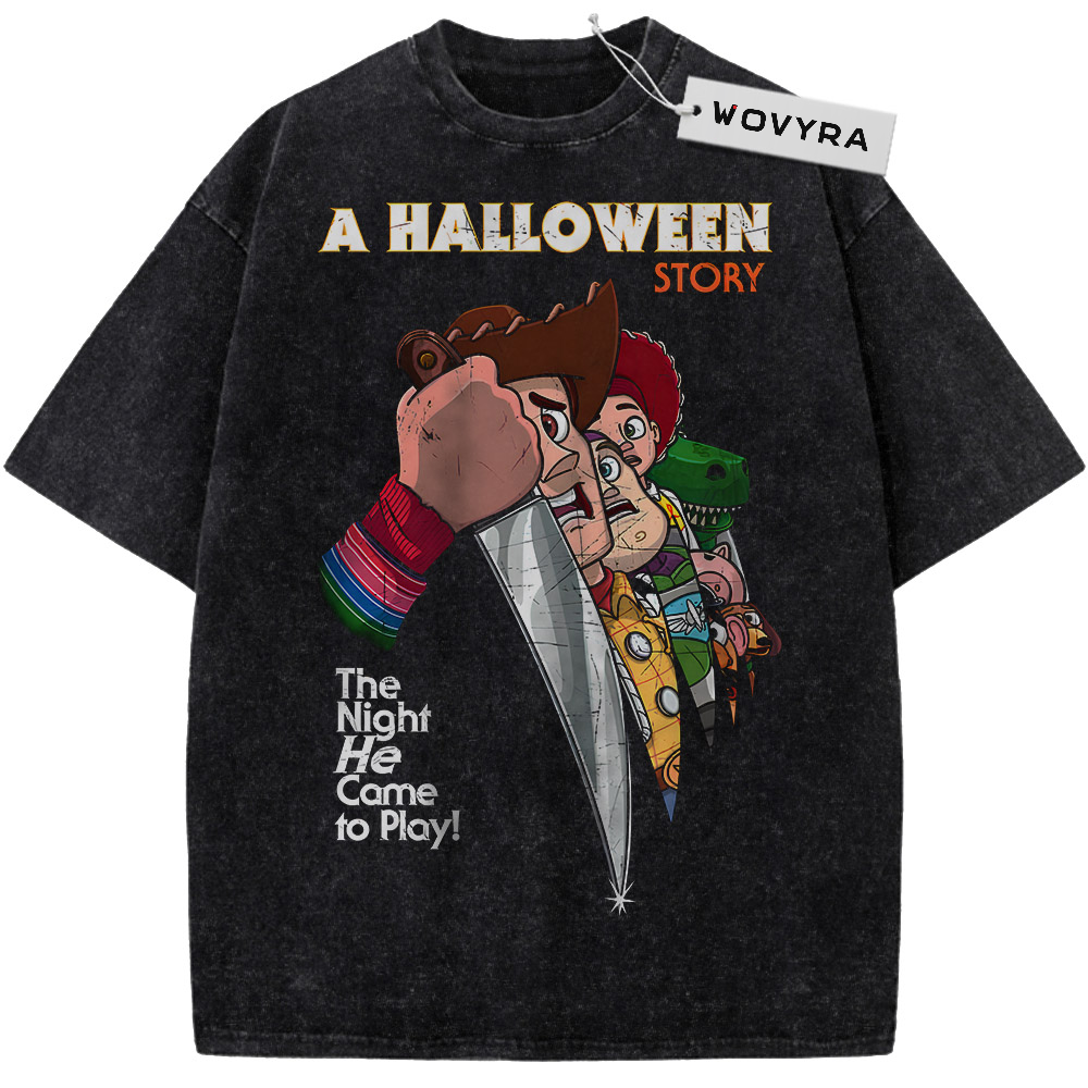 Toy Story Halloween Story Vintage T-Shirt with a masked toy character holding a blade beside Halloween lettering