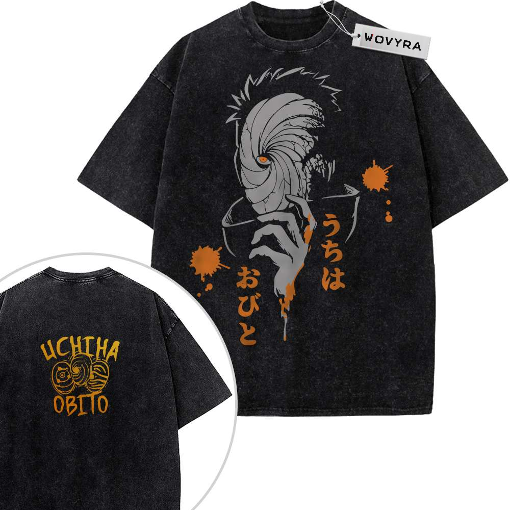 2-sided vintage T-shirt featuring Obito Uchiha's spiral mask with orange lettering and small circular accents