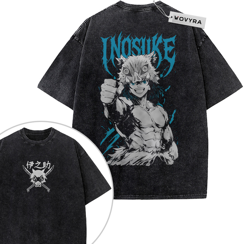 Demon Slayer Inosuke Hashibira Blue Lettering 2-Sided Vintage T-Shirt with a boar-masked character with bold blue lettering and accents