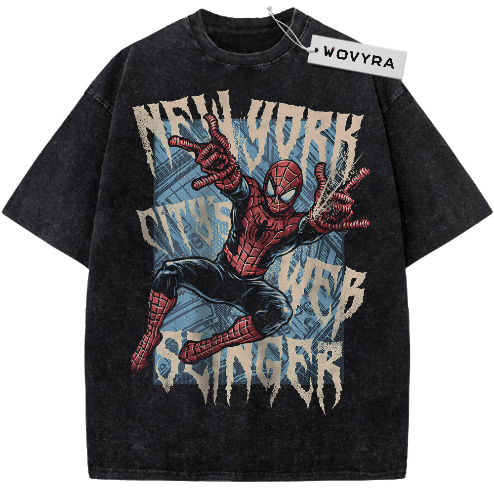 Marvel Spider-Man New York Web Slinger Vintage T-Shirt with a swinging Spider-Man over distressed New York lettering