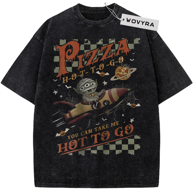 Vintage T-shirt featuring a Toy Story alien riding a rocket beneath pizza-themed lettering