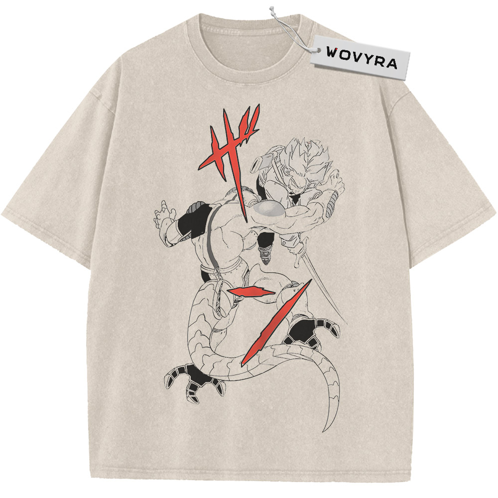 Vintage T-shirt featuring Trunks and Mecha Frieza in a monochrome action scene with red accents