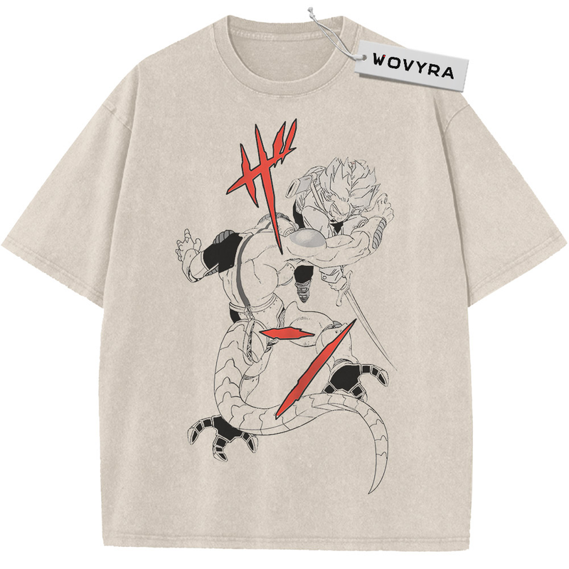 Vintage T-shirt featuring Trunks and Mecha Frieza in a monochrome action scene with red accents
