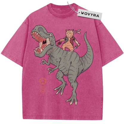 Pink Samurai Cat Dinosaur T-shirt with a sword-carrying cat riding a green dinosaur