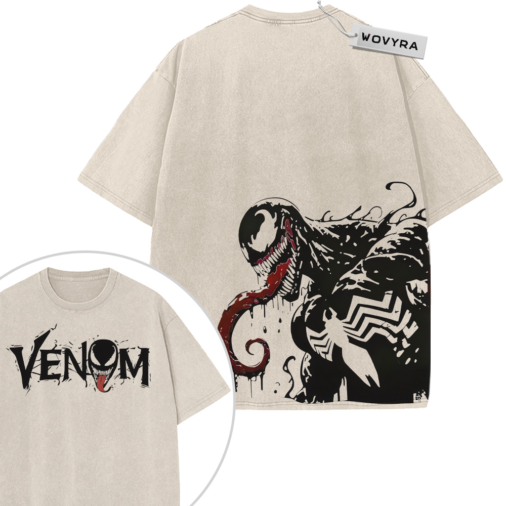 2-sided vintage T-shirt featuring a large Venom illustration rising from the lower edge with a red tongue