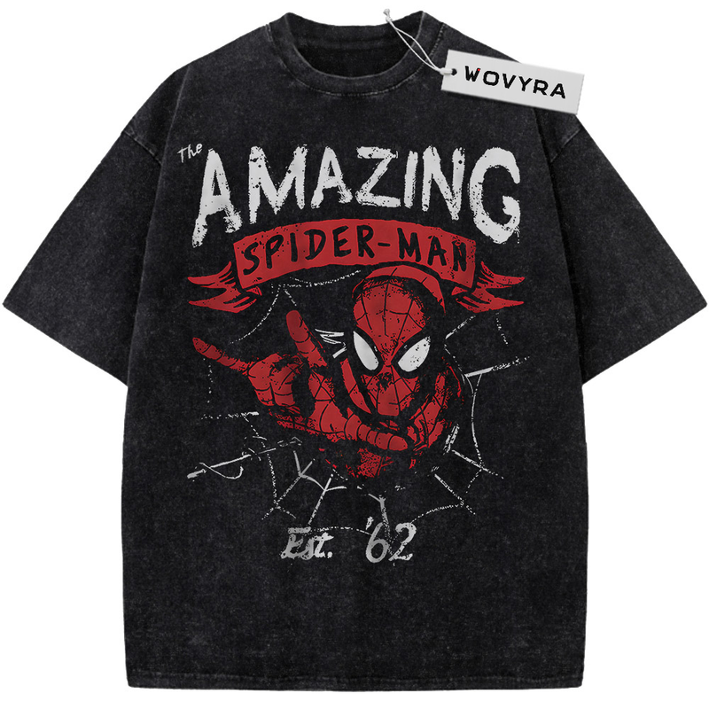 Marvel Spider-Man Amazing Mask Vintage T-Shirt with a red Spider-Man mask with web lines and distressed lettering