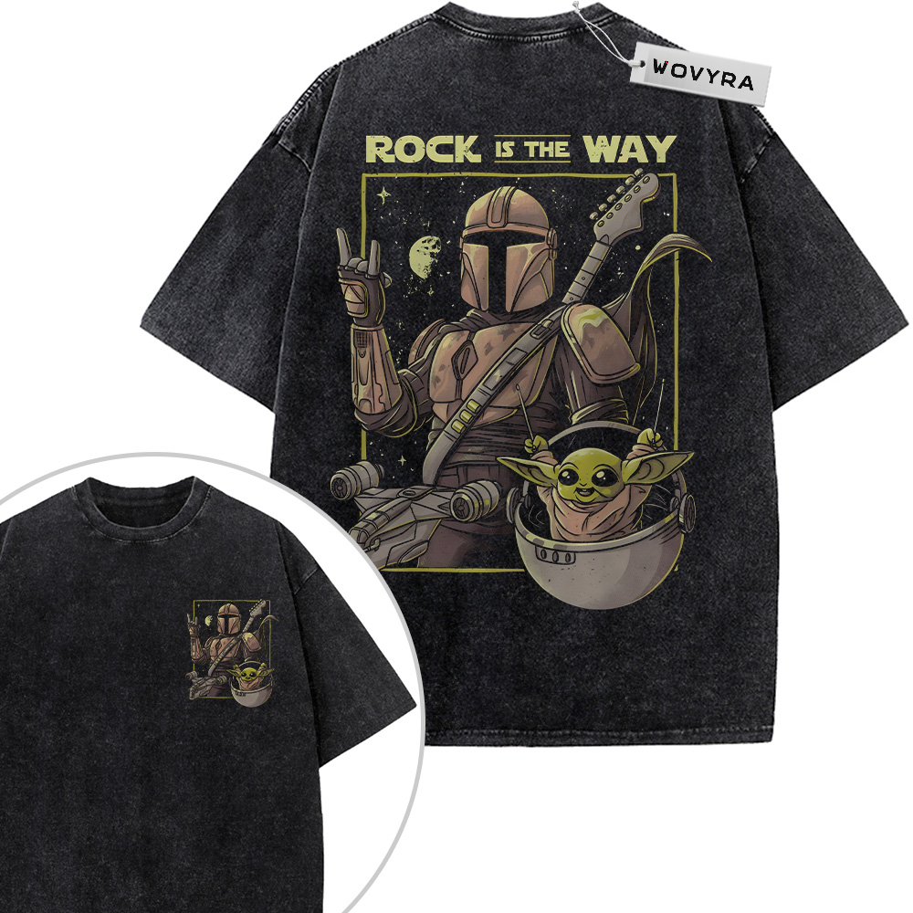 2-sided vintage T-shirt featuring Din Djarin holding a guitar beside Grogu beneath rock-themed lettering