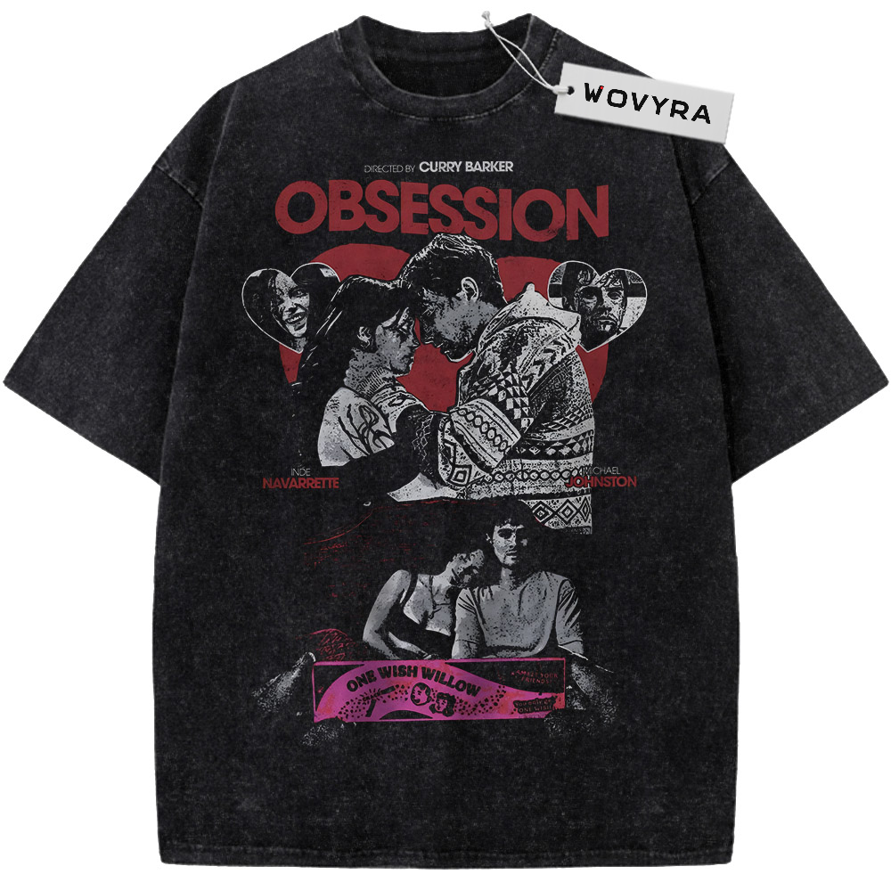 Vintage T-shirt featuring a monochrome character collage beneath red Obsession lettering