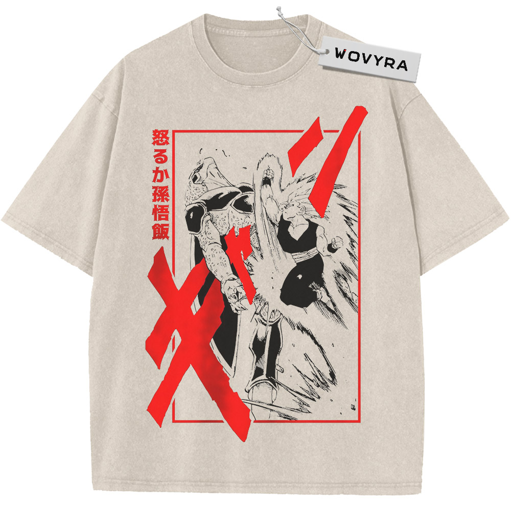 Vintage T-shirt featuring Gohan and Cell in a framed monochrome battle scene with red accents