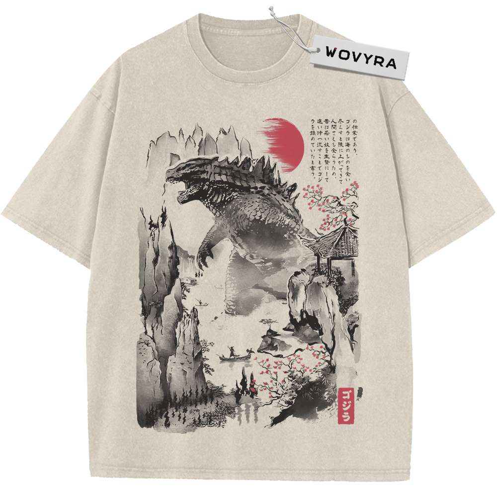 Kaiju Red Sun Ink Art Vintage T-Shirt with a towering monster in an ink-style landscape beneath a red sun
