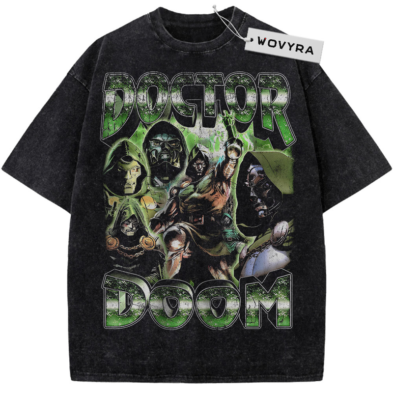 Marvel Doctor Doom Green Collage Vintage T-Shirt with multiple Doctor Doom portraits within large green lettering