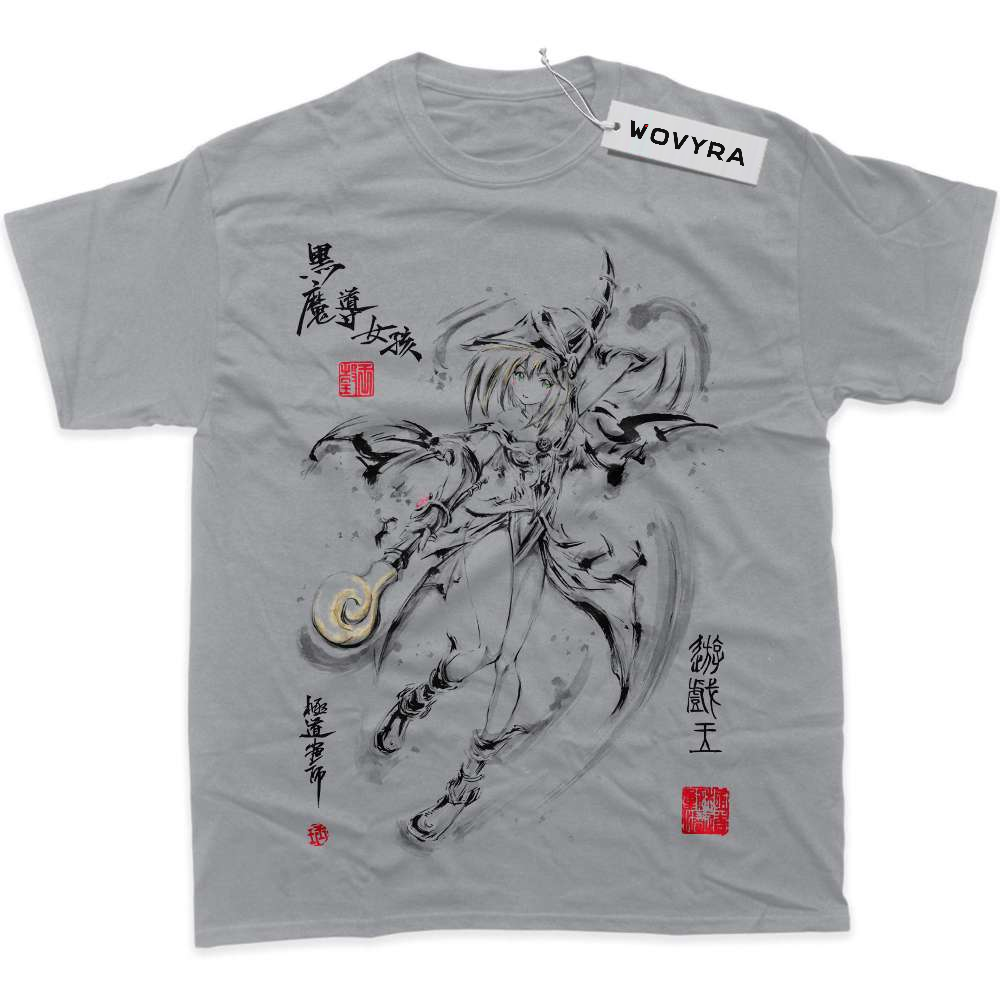 Light grey WOVYRA Dark Magician Girl classic T-shirt with ink-style artwork and red stamp details