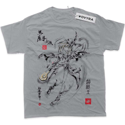 Light grey WOVYRA Dark Magician Girl classic T-shirt with ink-style artwork and red stamp details